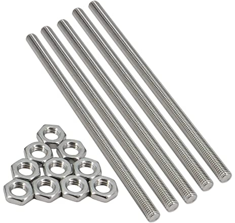 Befenybay Lot de 5 tiges entièrement filetées en acier inoxydable 304 M12 x 250 mm, pas de 1,75 mm avec 10 écrous hexagonaux
