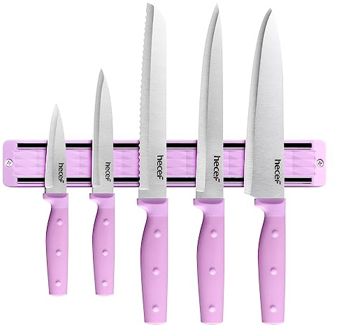 hecef 5-Piece Stainless Steel Knife Collection with Magnetic Holder, Triple-Riveted Purple Handles for Modern Kitchen Food Prep