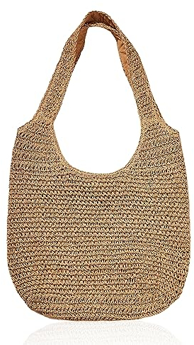 Strohtasche für Damen, handgewebt, für Sommer, Strand, Retro, große Kapazität, für Arbeit, Reisen, Urlaub (Khaki), kaki, Einheitsgröße