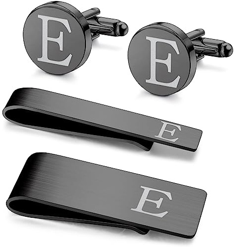 Kakonia 4 Pezzi Gemelli iniziali e fermacravatte per uomo Acciaio inox personalizzato inciso gemelli e fermacravatte Set alfabeto lettera A-W con scatola regalo per padre marito