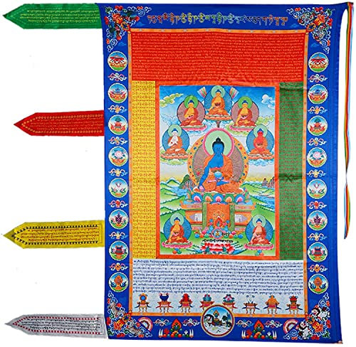 Tibetan Hanging BannersBanners Hanging golden flags, Buddhist Prayer Flags Outdoor, Tibetan Decorations for Wall, Meditation Hanging Decorations for outside Porch, Handmade Bless Ornaments,A