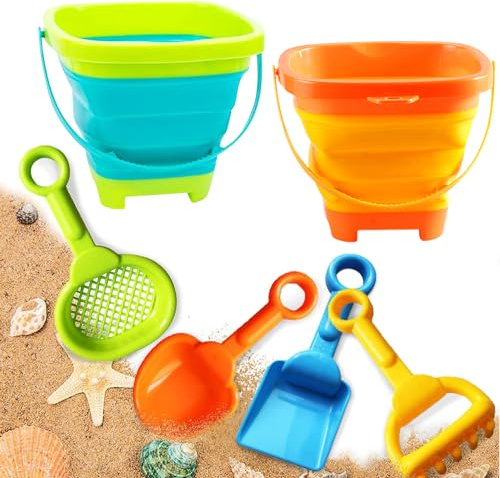 Aonuily Bucket and Spade, Beach Toys Set for Kids Play Sand with Handle Foldable Buckets with Shovels Scoop Rake Sifter Summer Outdoor Activities for Beach Party Gift