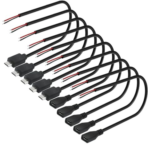 VISSQH 10Stück Micro USB Stecker & Buchse auf 2-poligen blankes Kabel,Micro USB Pigtail Kabel,22AWG 3A Lötbar USB Stecker Buchse,2adriges USB Verlängerungskabel,mit offenem Ende (30cm)