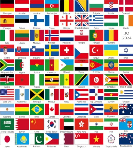 89 small country flag and name stickers participating delegations 2024