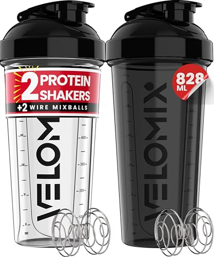 VELOMIX -2 PACK- 828ml Protein Shaker Bottle - 2x Wire Mixball for Lump-Free Shakes | Leak Proof Shaker for Protein Shakes | Protein Shake Bottle for Mixing Powdered Shakes | BPA-Free Shaker Cup