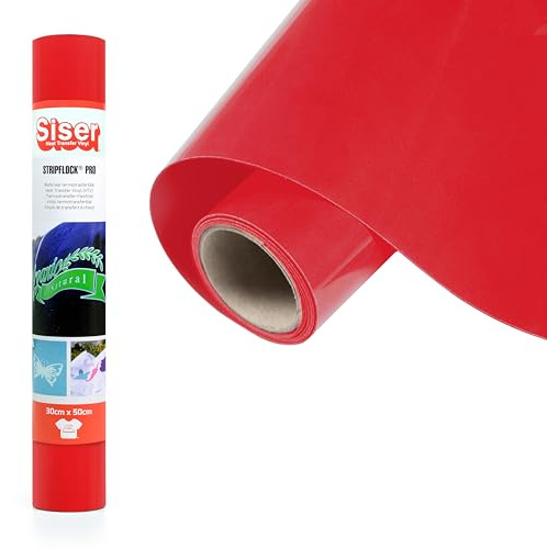 SISER® Stripflock Pro Bright Red, 30 cm x 0,5 m, vinilo termotransferible termoadhesivo flocado para la personalización de tejidos, ropa y accesorios, aficiones creativas, fácil de cortar