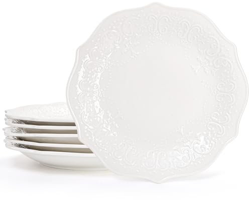 SOUJOY Set of 6 Porcelain Dinner Plate, 10'' Embossed Salad Plates, White Dessert Serving Plates for Steak Appetizer, Kitchen Plates for Restaurant, Family Party, Dishwasher Microwave Safe