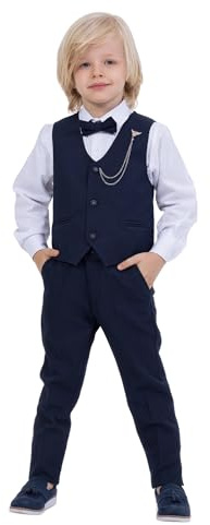 Vest Suit for Boys | 4-Piece Set Shirt, Pants, Vest, and Bow Tie | Party and Formal Wear for Boys Aged 1-13 Years (UK, Age, 8 Years, 9 Years, Regular, Navy Blue I)