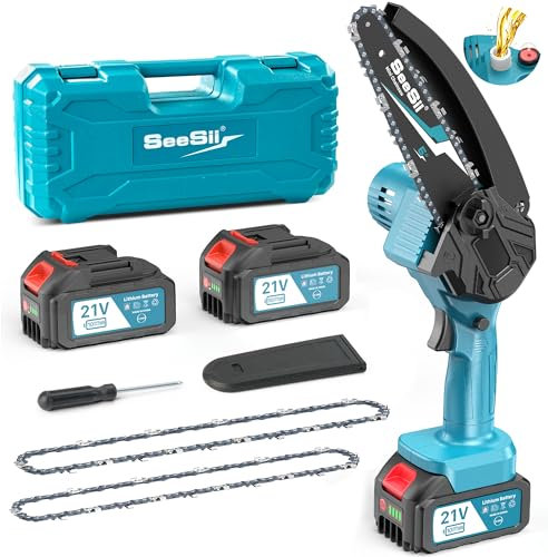 SEESII 8 Inch Mini Cordless Chainsaw with High Capacity 4000mAh x2 Batteries, 900W Powerful Electric Chain Saws with Oiler System, Handheld Battery Powered Saw for Tree Trimming Pruning
