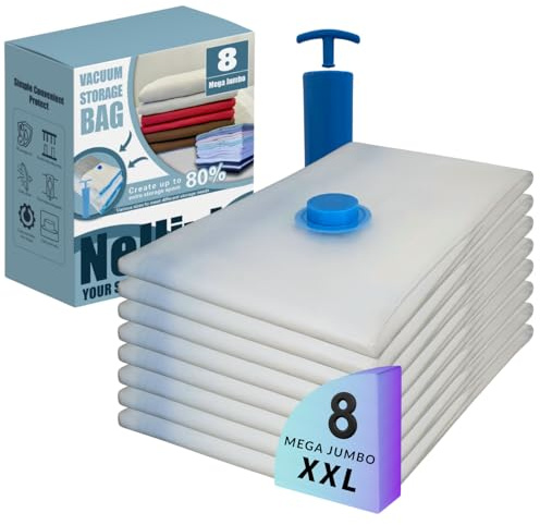 Nellivia 8 Mega Jumbo XXL Vacuum Storage Bags with Pump, Supersized Compression Space Saver for Comforter, duvet, Bedding, Blanket storage, Vacuum Seal Bags for Clothing, Durable Safe Poly Material
