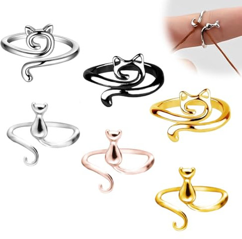 BQRKOTM 6 Stück Häkelringe, Verstellbare Häkelringe Finger, Crochet Strickfingerhut Fadenführer Ring mit Stopfnadel, Metall Verstellbare Crochet Strickschlaufe für DIY Strickhandwerk