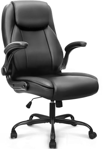 NEO CHAIR Office Desk Gaming Computer Home Chair Ergonomic Executive High Back Support Flip-up Arms Adjustable Height Swivel Rolling Wheels Comfy PU Leather (Black)