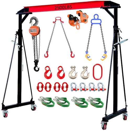 Adjustable Gantry Crane - 1 Ton (2500Lbs) Capacity Portable Hoist Frame, Shop Crane Hoist, Trolley, Sling, Shackles, Hooks and Festoon System, Lifting Gantry for Factories, Warehouses, Garage (1 Ton)