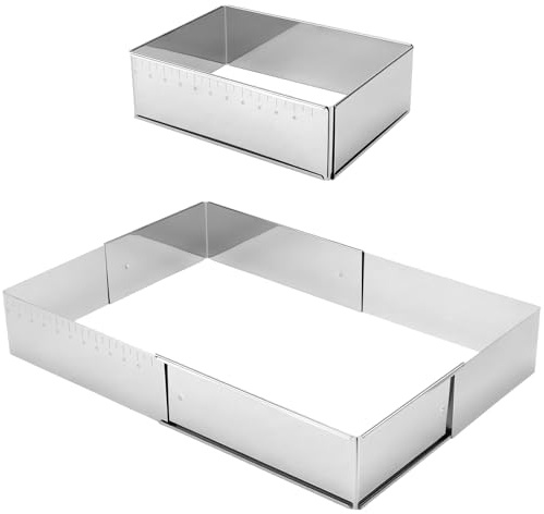 CHUENHEI Lot de 2 cadres de cuisson réglables en acier inoxydable - 8 cm de haut - Rectangulaires - Avec échelle - Cadre à gâteau rectangulaire réglable pour la cuisson - 25 x 18 cm - Extensible à 47
