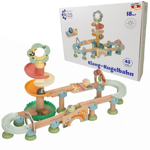 Murmelbahn aus Holz für Kider - Kugelbahn - Montesori Spielzeug - Klang Xylophon & Klingel - Motorikspielzeug Kider - Pastelfarben