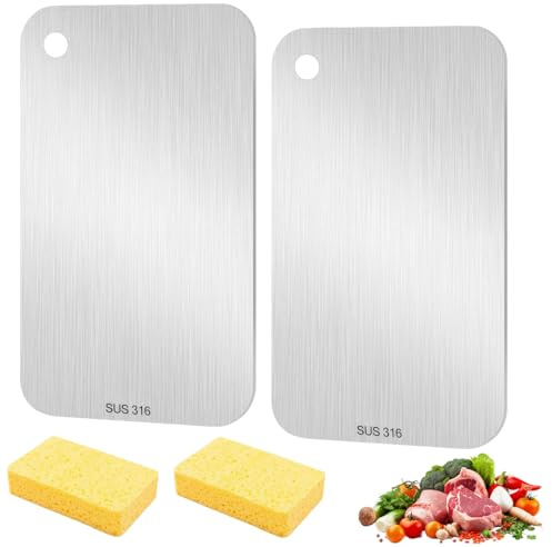 2 Piezas Tabla De Cortar De Titanio Con 2 Esponja De Limpieza 14,5 Cm X 23,5 Cm Tabla De Cortar Acero Inoxidable, Doble Tablas Para Corte, Antibacteriana Y Antihongos para Cocina Cortar Carne Y Fruta