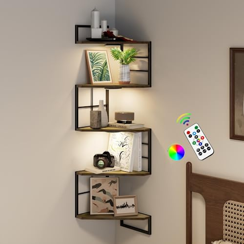WOPITMER Corner Floating Shelves with Lights - 5 Tiers Corner Shelf Wall Mounted, Bookshelf with LED Light, Floating Shelves for Wall, Display Shelf for Bedroom, Living Room, Office & Home Decor-Brown