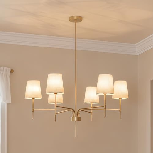 Antique Brass Gold Chandeliers for Dining Room, 6-Light Modern Chandelier Light Fixture over Table, with White Fabric Shade, 34 Large Transitional Kitchen Pendant Lights for Living Room Bedroom Foyer