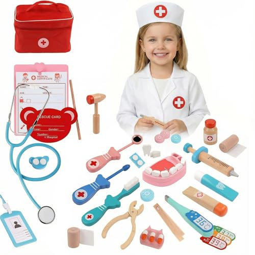 Trousse de médecin pour Enfants avec stéthoscope, Manteau de Docteur Blanc et Chapeau, kit médical de Jeu de rôle de 29 pièces avec Manteau, Sac, thermomètre et seringue (tl02-White)