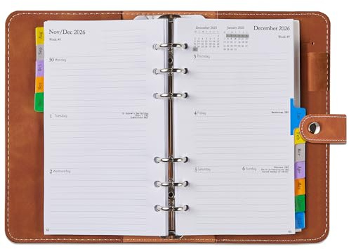 Diary 2026 2027 Week to View Personal A6 Refillable, Aug-Jul, Small Monthly Weekly Planner Personal Organiser with Tabs, Notes, Contact, Pocket, Pen Loop, Softcover, Academic Mid Year Calendar 26/27