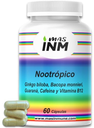 Nootrópico Natural con Ginkgo Biloba y Bacopa Monnieri – 60 Cápsulas – con Guaraná, Cafeína y Vitamina B12 – Pastillas Memoria y Concentración, Apoya el Sistema Nervioso - Sin aditivos