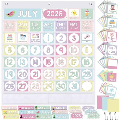 Sinload Classroom Calendar Pocket Chart Set Calendar Bulletin Board Set Seasons Festival Weather Pocket Chart for Classroom Decoration Back to School Supplies(Colourful,White)