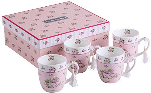 London Boutique Cups Mugs Set 4 Fine China Shabby Chic Vintage Retro Design in Gift Box 330ML (Rose Pink)
