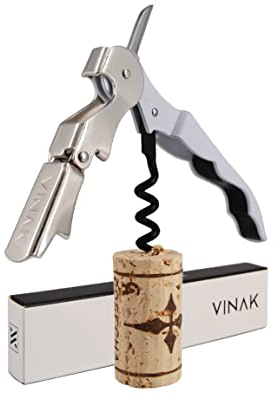 VINAK - Cavatappi cameriere professionale ECO in acciaio inox con apribottiglie + doppio supporto articolato + cotelo tagliacapsule + spirale teflonata (Bianco)