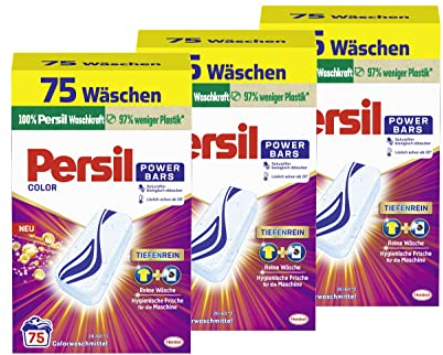 Persil Power Bars Color Waschmittel (3 x 75 Waschladungen), vordosiertes Buntwaschmittel mit biologisch abbaubarem Schutzfilm, für reine Wäsche & hygienische Frische für die Maschine