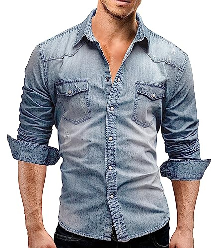 Geagodelia Camicia Casual da Uomo in Denim Camicia Jeans a Manica Lunga Elegante Maglietta in Denim Top Moda M-3XL Regalo (Blu Chiaro, M)