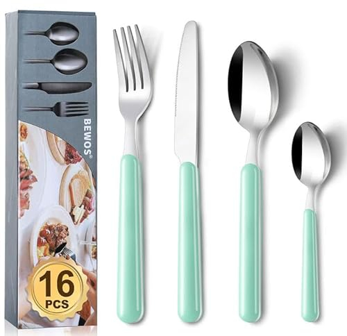 BEWOS 16 Piece Cutlery Set, Service for 4, Kitchen Cutlery Sets,Light Green Forks Knives and Spoons Set, Stainless Steel Flatware Serving Set for Home, Party