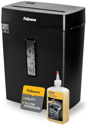 Fellowes Destructeur de Documents FS-8C, destructeur de Papier avec agrafes, Carte de crédit & Huile pour Destructeur De Papier Coupe Croisée Et Micro Coupe, 355ml