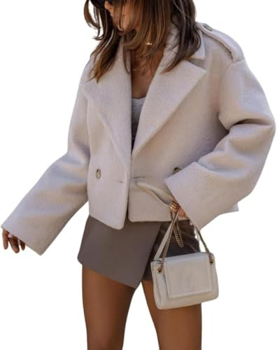 Trench-Coat Court à Revers pour Femme boutonné sur Le Devant avec Poches Veste Courte Veste à Pois croisée Costume à Revers Couleur Unie Petite Veste (Amande,S)