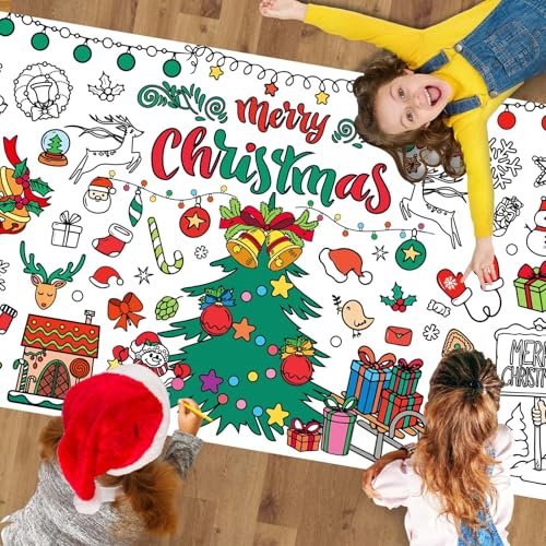 POPOYU Poster gigante da colorare natalizio per bambini, 78,7 x 183 cm, tovaglia di carta da colorare, da colorare con scritta Merry Christmas, poster da colorare con Babbo Natale e pupazzo di neve