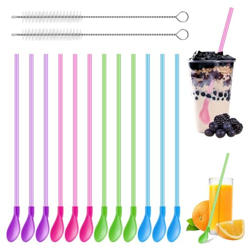 12 cannucce cucchiaio 2 in 1, cannucce riutilizzabili in plastica con 2 spazzole per la pulizia, cucchiaio per latte macchiato, cannucce per latte e frappè, cocktail