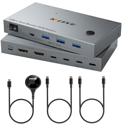 USBC Dual Monitors KVM-switch 4K@60Hz, USBC KVM-switch 2 bärbara datorer 2 skärmar och 4 USB3.0-enheter, 100 W PD för 2 bärbara datorer med Wire Remote och USB-kabel