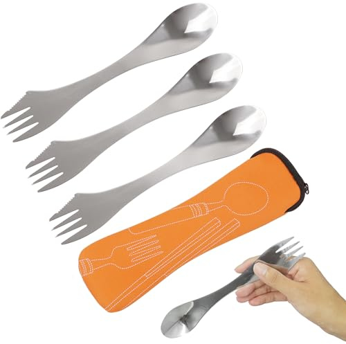 3PCS 3-in-1 Knife Fork Spoon Set, Stainless Steel Knife Fork Spoon Combo with Storage Bag Unbreakable Reusable Camping Accessories Survival Equipment Hiking Picnic Travel Cutlery and Daily Use Silver