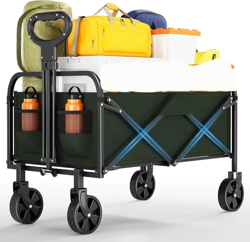 Bollerwagen Faltbar XL, Handwagen Max. Belastbar Bis 172Kg, Strandwagen Klappbar Transportwagen Mit 360°Drehbare Räder, Klappbarer Bollerwagen Für Camping, Einkauf, Garten, 73x46.5x89.5 cm, Grün