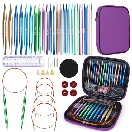 Aeelike Interchangeable Circular Knitting Needles Set Metal, Circular Knitting Needles Set with Case & Accessories, 13 Pairs of Round Needles 3mm-10mm UK, Interchangeable Needles Set for Beginners