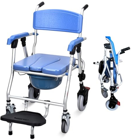 NnsZenith Bedside Commode with Wheels - Anti-Sponge Padded Seat, Foldable Mobile Toilet Shower Stool with 300 LBS Weight Capacity, Portable Toilet with Bucket for Elderly and Disabled
