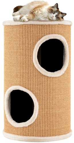 SOARS Tonneau à Gratter pour Chat 60 cm, Tour Arbre à Chat 3 Niveaux avec 2 Grottes et Surface Griffoir en Sisal, Niche Intérieure Stable Ø36, Orange