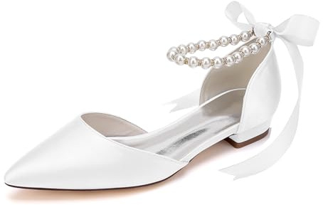 HFWXYSA Ballerines Femmes Bride Cheville Chaussures Plates à Bout Pointu Élégantes Chaussures De Mariage à Bout Fermé,Blanc,41 EU