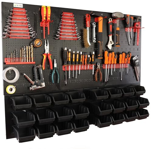 botle Panneau à outils mural perforé en métal, boîtes empilables + étagère murale + porte-outils, lot de 51 pièces, pour petites pièces, atelier mural avec 24 récipients empilables noirs petits et