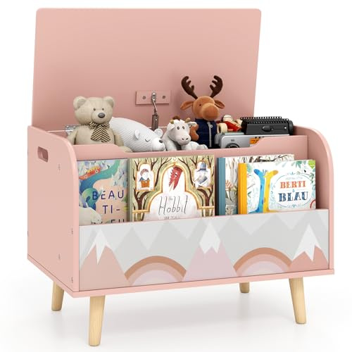 COSTWAY Leksakslåda med lock, 2-i-1 leksakslåda av trä med bokhylla, sittkista med förvaringsutrymme, leksaksförvaring montessori för barnrum, lekrum, 60 x 40 x 43 cm (rosa)