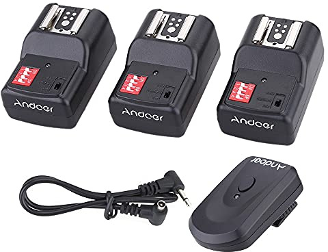 Andoer 16 Channel Wireless Remote Flash Trigger Set 1 Transmitter + 3 Receivers + 1 Sync Cord compatible with Canon Nikon Pentax Olympus Sigma Sunpak Vivitar Neewer YOUNGNUO Speedlite