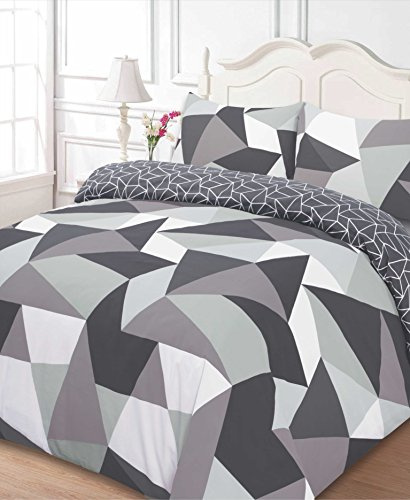 Dreamscene Geometric Shapes DOUBLE Duvet Cover with Pillowcase Reversible Bedding Set, Black Grey White