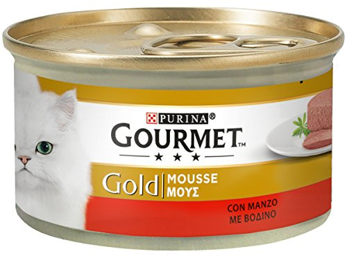 GOURMET Gold Cibo Umido per Gatti Adulti Mousse con Manzo in 24 Lattine da 85 g, Ricetta Delicata Senza Coloranti o Conservanti Artificiali aggiunti