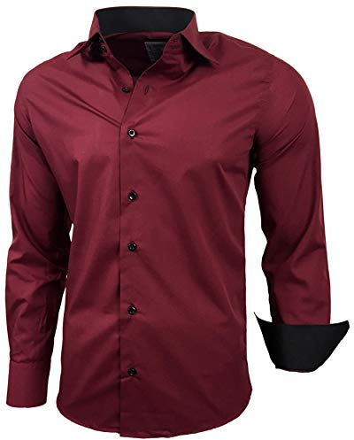 Baxboy - Camisa de manga larga para hombre, de corte ajustado, fácil de planchar, para trajes, trabajo, bodas, tiempo libre, R-44 burdeos S