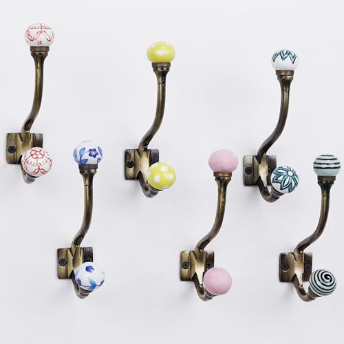 Indian Shelf 44Lb. Colorful Ceramic Double Wall Hooks - Vintage Boho Decorative - Heavy Duty Iron Hangers for Coats & Towels (6 Pack)