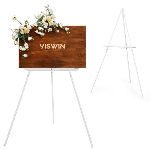 VISWIN 63 White Easel Stand for Wedding Signs, Adjustable Wooden Display Easel with Holder, Tripod Floor Easel for Welcome Board, Poster, Picture, Photos, Paintings